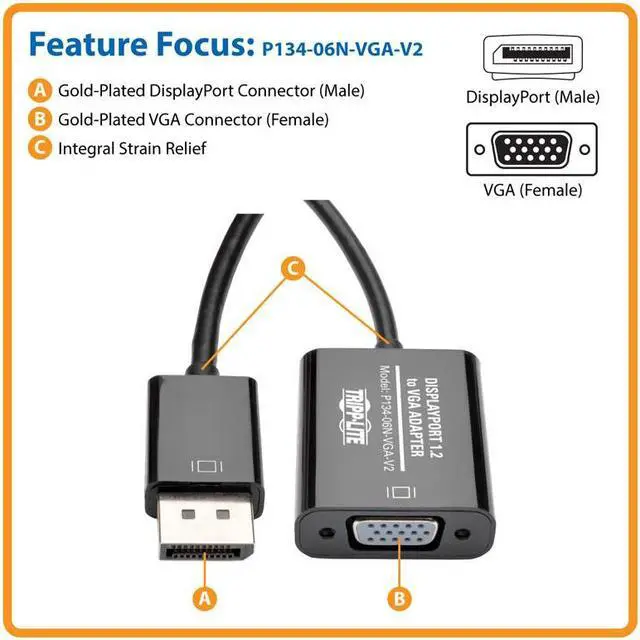 Alt view image 8 of 11 - Tripp Lite DisplayPort to VGA Active Cable Adapter, DP 1.2, Converter for DP to HD15 (M/F), 1920 x 1200/1080p, 6 in. (P134-06N-VGA-V2)