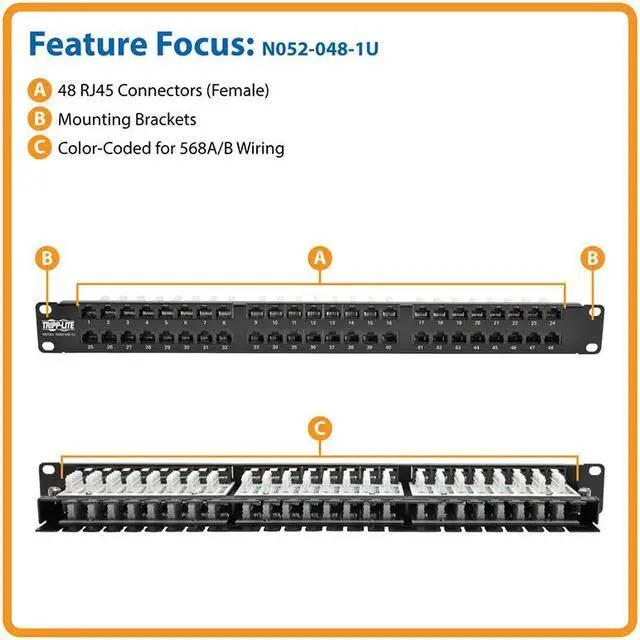 Alt view image 4 of 14 - TRIPP LITE N052-048-1U 48-Port 1U Rack-Mount High-Density UTP 110-Type Patch Panel, RJ45 Ethernet, 568B, Cat5/5e