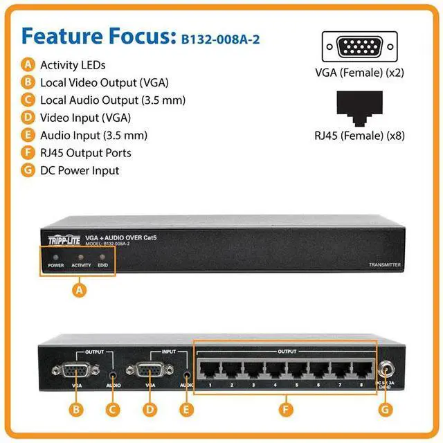 Alt view image 2 of 8 - Tripp Lite B132-008A-2 8-Port VGA + Audio Over Cat5/Cat6 Extender Splitter w/EDID 1000'