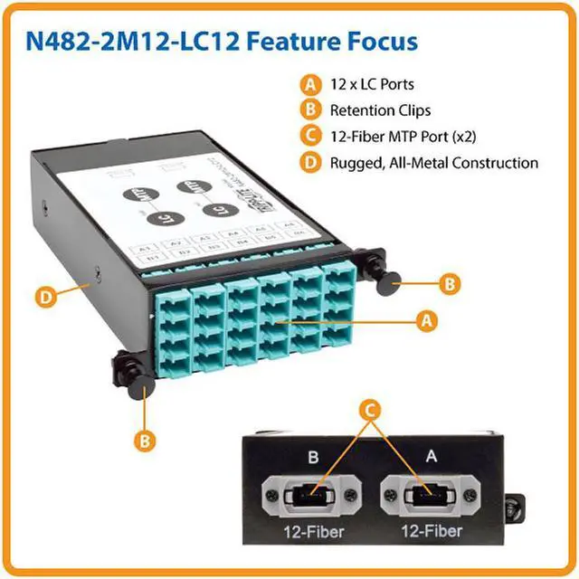 Alt view image 3 of 17 - Tripp Lite 12-Fiber Patch Panel 2 Mtp/Mpo To 12 Lc 10Gb Breakout Cassette