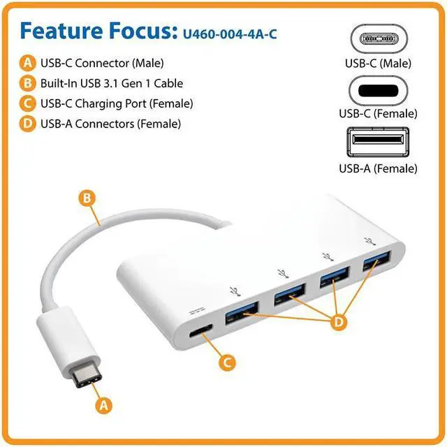 Alt view image 3 of 13 - Tripp Lite 4-Port USB 3.1 USB-C to USB-A Hub w/ USB-C Charging Port 5 Gbps (U460-004-4A-C)