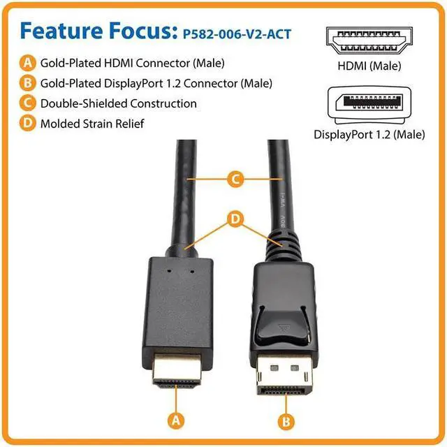 Alt view image 3 of 14 - Tripp Lite DisplayPort 1.2 to HD Active Adapter Cable, DP with Latches to HDMI (M/M), UHD 4K x 2K/1080p, 6 ft. (P582-006-V2-ACT)