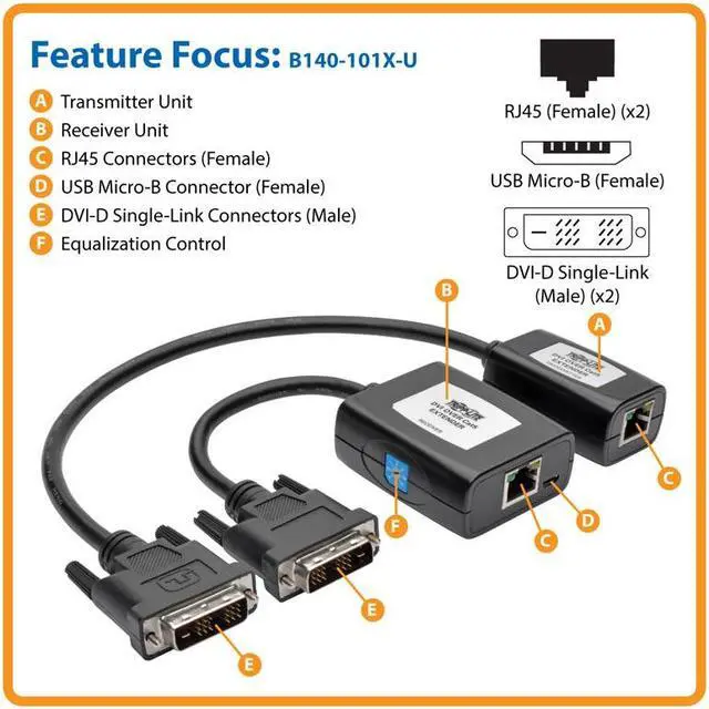 Alt view image 7 of 16 - Tripp Lite DVI over Cat5/6 Active Extender Kit, Transmitter & Receiver for Video, 1080p @ 60 Hz, Up to 125-ft., TAA (B140-101X-U)