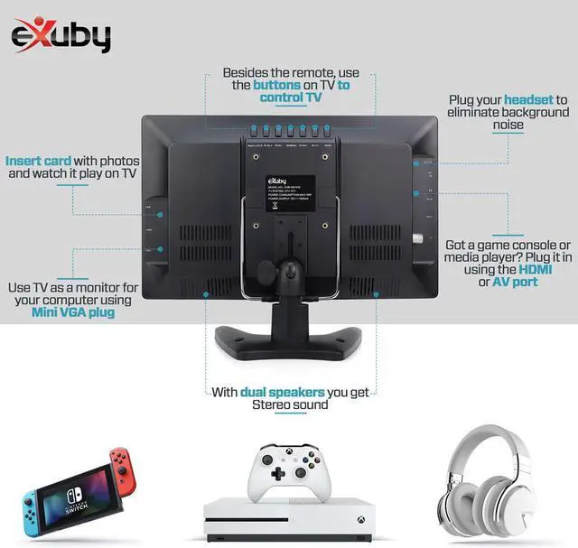 Alt view image 6 of 7 - eXuby 14" Small Portable TV for RV, Kitchen, Bedroom - Use TV Stand or Mount to Wall - Includes Built-in Battery & Car Charger, Camping - Digital Tuner gets HD Channels - Roku, Firestick Compatible