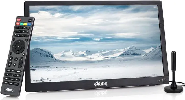 Main image of eXuby 14" Small Portable TV for RV, Kitchen, Bedroom - Use TV Stand or Mount to Wall - Includes Built-in Battery & Car Charger, Camping - Digital Tuner gets HD Channels - Roku, Firestick Compatible