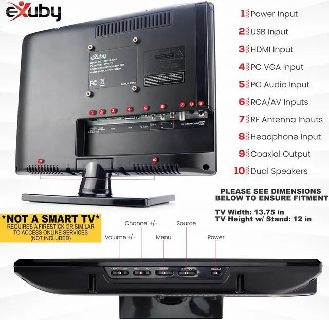 Alt view image 6 of 7 - eXuby Small Flat Screen TV - Perfect For Kitchen, 13.3 inch LED, Watch HDTV Anywhere for RV, Office & More Free HD Local Channels TV - Includes 35mi Range Flat Antenna