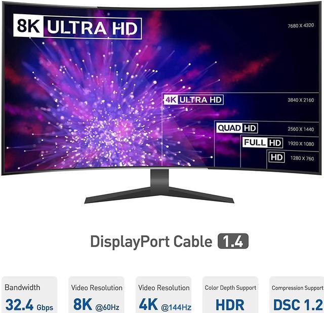 Alt view image 2 of 7 - DisplayPort 1.4 Cable 8K 10ft 3m [2Pack], iXever Nylon Braided 8K DP to DP Cable (8K@60Hz, 4K@144Hz and 1080P@240Hz), HBR3, 32.4Gbps, HDCP 2.2, HDR Support