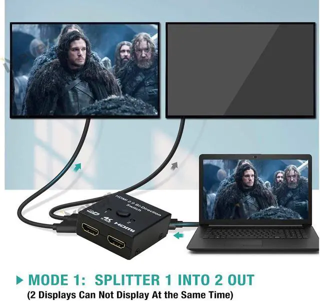 Alt view image 3 of 7 - HDMI Switch 4K HDMI Splitter, iXever Aluminum HDMI Switcher 2 Input 1 Output Bi-Directional, HDMI Switch Splitter 2 x 1/1 x 2, No External Power Required, Support 4K 3D HD 1080P for Xbox PS4 Roku HDTV