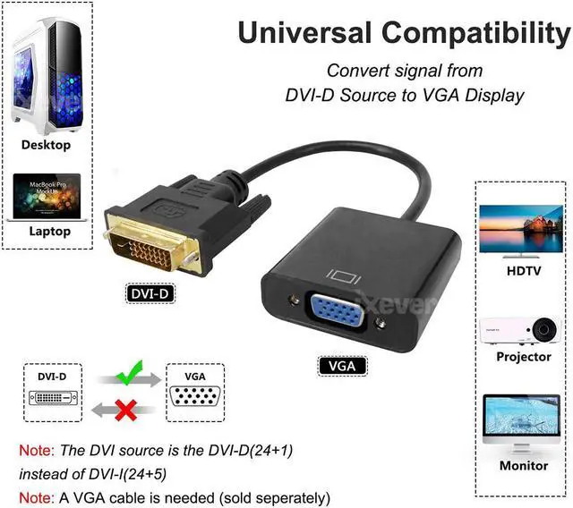 Alt view image 2 of 6 - DVI to VGA Adapter Converter 1080p,DVI2VGA iXever DVI-D 24+1 to VGA Male to Female Video Converter Compatible for Computer, Laptop and Old Monitor, TV, KVM