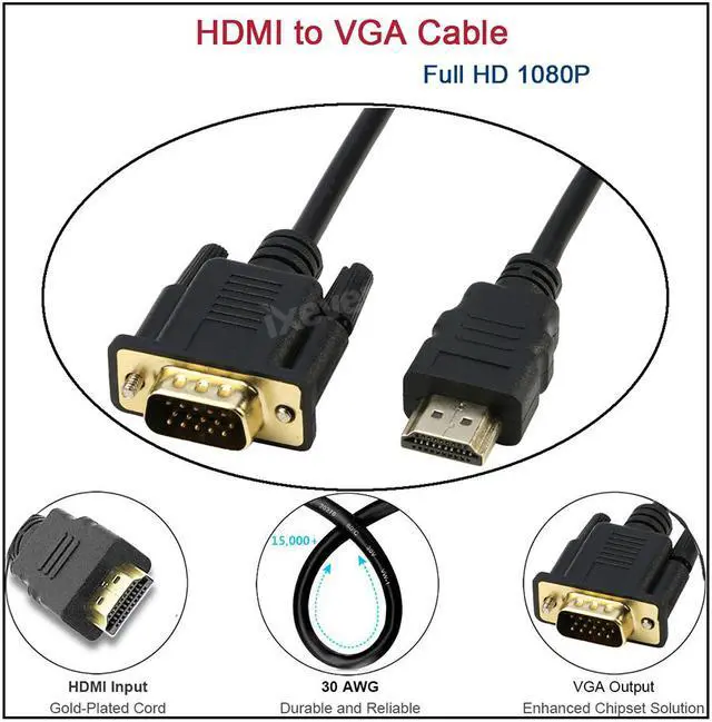 Alt view image 5 of 7 - HD2VGA HDMI to VGA 6FT, iXever Gold-Plated HDMI to VGA Cable Male to Male 1080P Compatible for Computer, Desktop, Laptop, PC, Monitor, Projector, HDTV and More