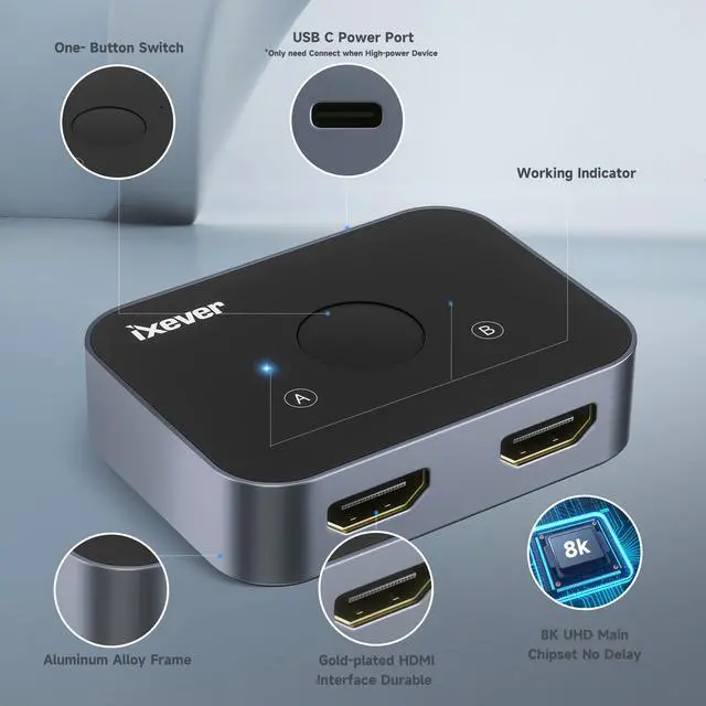 Alt view image 7 of 7 - 8K HDMI Switch, iXever 8K HDMI 2.1 Switch 2 in 1 Out, 2-Port HDMI Hub Adapter Compatible with XBOX PS5/4/3 Blu-Ray Player Fire Stick Roku, Bi-directional Support