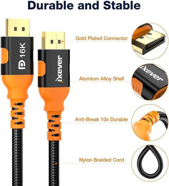 Alt view image 5 of 7 - 16K DP DisplayPort Cable 10ft, iXever DP 2.0 Cable Cord Support 80Gbps, 16K@60Hz, 8K@120Hz with DSC, 8K@60Hz, 4K@240Hz 165Hz 144Hz 120Hz, Dynamic HDR ARC for Gaming Monitor, TV, Laptop