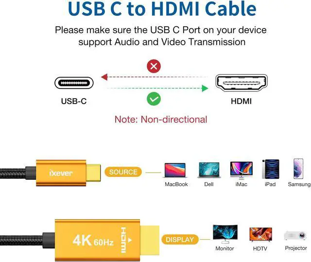 Alt view image 2 of 7 - USB C to HDMI Cable [4K@60Hz, 6.6ft], iXever USB Type-C to HDMI Display Cable Adapter (Compatible with Thunderbolt 4/3) for Macbook Air Pro, iPad Pro, iMac, Galaxy S8 to S23, Surface Book 2