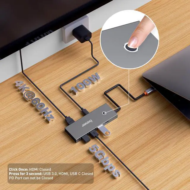 Alt view image 3 of 7 - USB C Docking Station 6-in1, iXever USB Type C to HDMI 2.0 Multiport Adapter 4K@60Hz with One Touch Screen-Off Button, 2X USB 3.0 HUB, USB Type C 5Gbps, PD 100W Charging