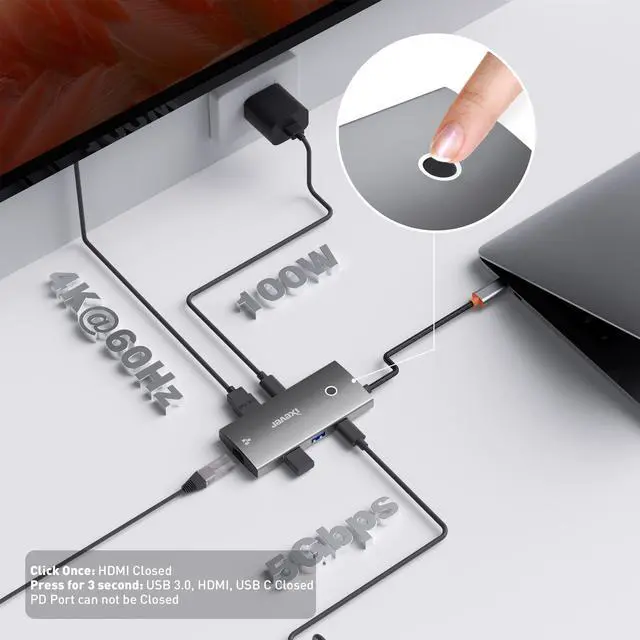 Alt view image 2 of 7 - IXEVER USB C Hub Docking Station, USB C to HDMI 4K@60Hz, 100W Power Delivery, 1 x USB-C 5Gbps & 2×USB-A 3.0 5Gbps Data Ports, RJ45, USB C Dongle for MacBook Pro/Air, iPad Pro, iMac, iPhone 15 Pro/Pro