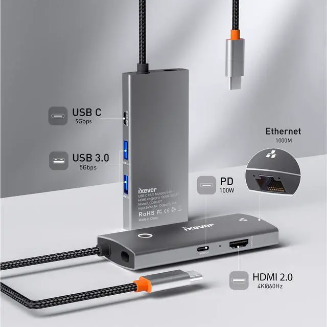 Alt view image 3 of 7 - IXEVER USB C Hub Docking Station, USB C to HDMI 4K@60Hz, 100W Power Delivery, 1 x USB-C 5Gbps & 2×USB-A 3.0 5Gbps Data Ports, RJ45, USB C Dongle for MacBook Pro/Air, iPad Pro, iMac, iPhone 15 Pro/Pro