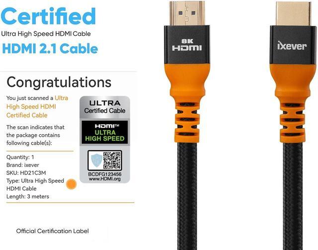 Alt view image 2 of 7 - IXEVER HDMI Cable 8K@60Hz,10FT Certified HDMI 2.1 Cable 4K@144Hz Ultra HD 48Gpbs Hi Speed HDR10, HDCP 2.2,ARC, Compatible with Dolby Vision Xbox PS4 PS5 Apple TV 4K Roku Fire TV Switch Vizio