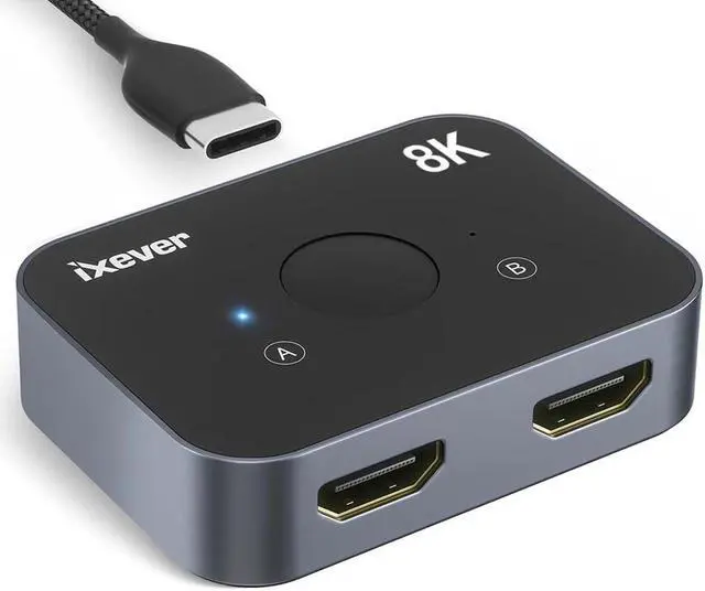 Main image of 8K HDMI Switch, iXever 8K HDMI 2.1 Switch 2 in 1 Out, 2-Port HDMI Hub Adapter Compatible with XBOX PS5/4/3 Blu-Ray Player Fire Stick Roku, Bi-directional Support
