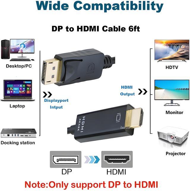 Alt view image 2 of 7 - DP DisplayPort to HDMI Cable 6ft, IXEVER 4K Display Port to HDMI Adapter Male to Male 6 Feet Cable Cord Converter for PCs to HDTV, Monitor, Projector