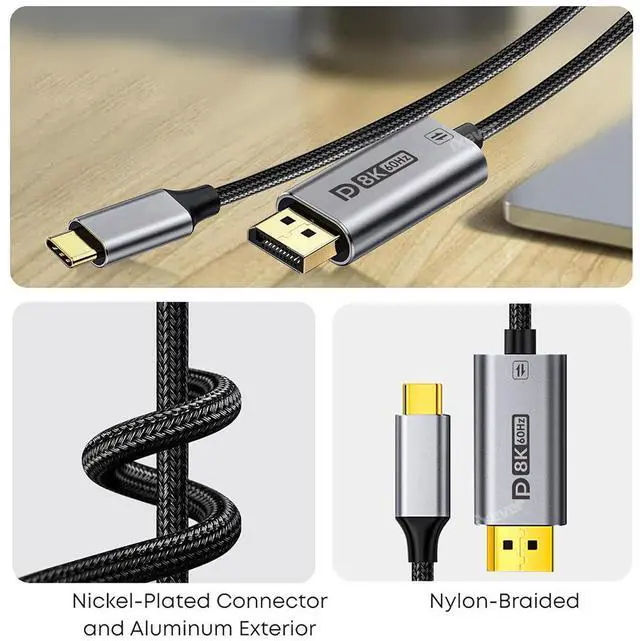 Alt view image 6 of 7 - USB C to DisplayPort Cable Bidirectional 8K@60Hz 4K@240Hz, 6FT DP to USB C / Thunderbolt 4 Cord, Aluminum Case Nylon Braided, Compatible with iPhone 16 Pro Max, MacBook Pro/Air, iPad
