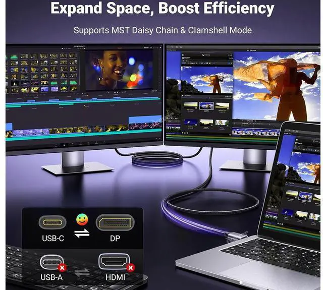 Alt view image 4 of 7 - USB C to DisplayPort Cable Bidirectional 8K@60Hz 4K@240Hz, 6FT DP to USB C / Thunderbolt 4 Cord, Aluminum Case Nylon Braided, Compatible with iPhone 16 Pro Max, MacBook Pro/Air, iPad