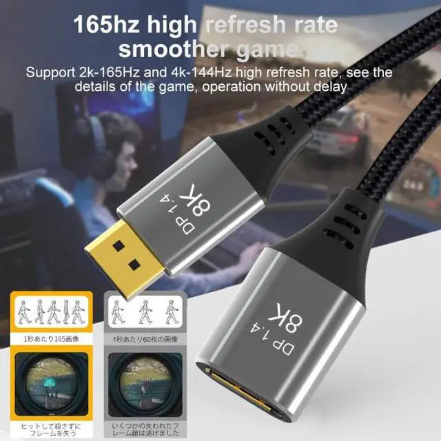 Alt view image 6 of 7 - CY DisplayPort 1.4 8K 60hz Extension Cable Male to Female Ultra-HD UHD 4K 144hz DP to DP Cable 7680*4320 for Video PC Laptop TV