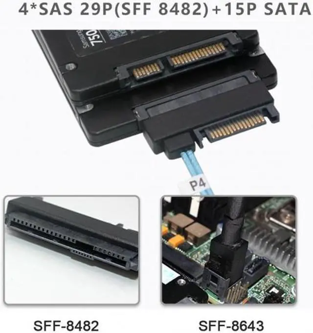 Alt view image 7 of 7 - Cablecc Internal 36 Pin Mini SAS SFF-8087 Host to 4 SFF-8482 Target SAS Hard Disk and SATA Power Cable 50cm