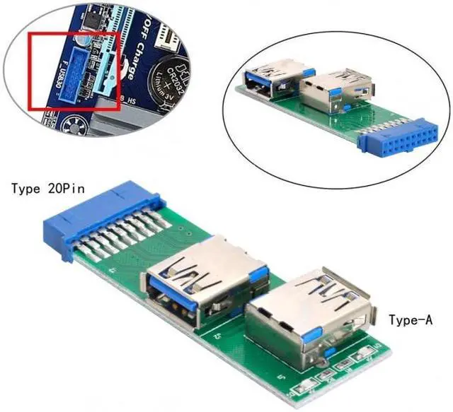 Main image of Jimier Dual Side USB 3.0 A Type Female to Motherboard 20Pin 19 Pin Box Header Slot Adapter PCBA with LED