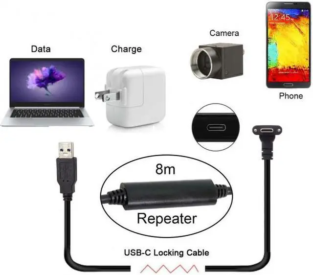 Alt view image 7 of 7 - Jimier 8.0M Down Up Angled USB 3.1 Type-C Dual Screw Locking to USB3.0 Data GL3523 Repeater Cable 90 Degree for Camera Oculus Quest Link