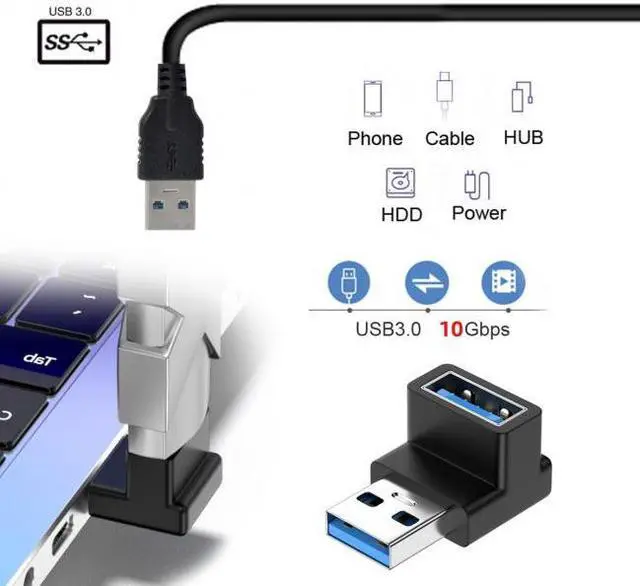 Alt view image 5 of 5 - Cablecc 10Gbps USB3.0 Male to Female Extension Power Data Video Adapter 90 Degree Up Angled Type