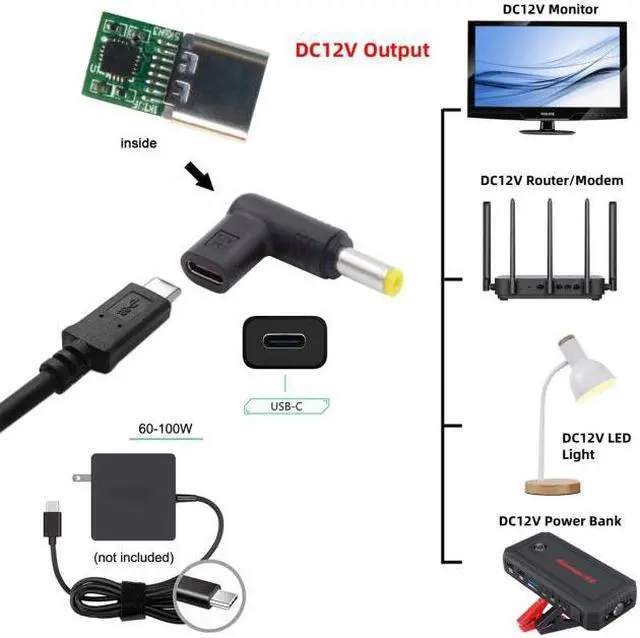 Alt view image 7 of 7 - Cablecc USB 3.1 Type C USB-C Female to DC 12V 5.5x2.5mm Plug Adapter PD Emulator Trigger 90 Degree Angled