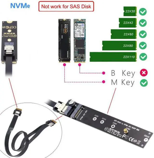 Alt view image 6 of 7 - Cablecc NGFF M-Key NVME Male to Female Extension Cable 40cm with SFF-8654 Connector for Mainboard SSD 2280/22110
