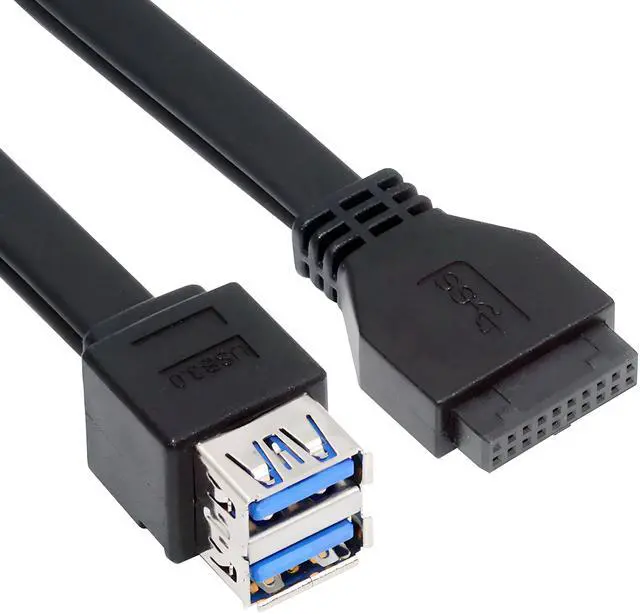 Main image of Cablecc Stackable Dual Port USB 3.0 Female Type-A DIP Type to Motherboard 20Pin 19Pin Header Cable with Fixed Feet 50cm