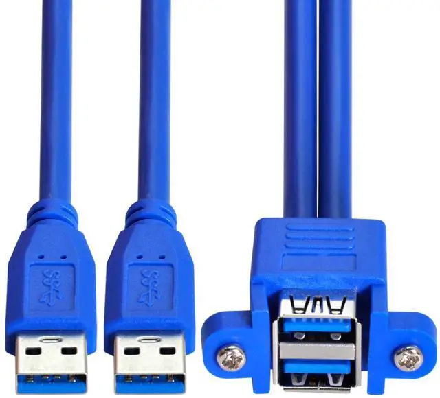 Main image of Cablecc Combo Dual USB 3.0 Male to Stackable Female Extension Cable 50cm with Screw Panel Mount Holes