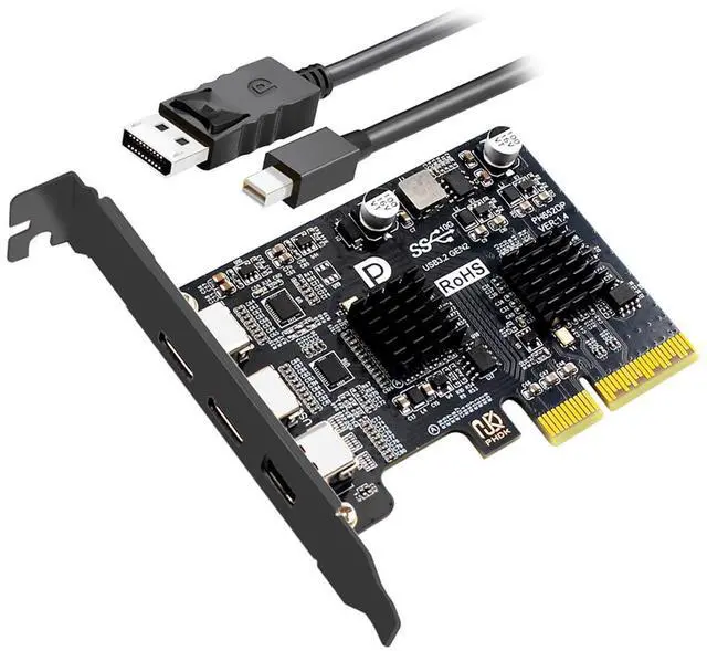 Main image of Cablecc PCI-E Express 4x & Mini Displayport 1.4 Input to Dual 10Gbps USB 3.1 Type-C USB-C & 4K 60hz Output Desktop Graphics Expansion Card Adapter ASM3142