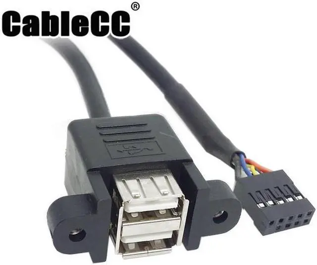 Main image of Cablecc 50cm Stackable Dual USB 2.0 A Type Female to Motherboard 9 Pin Header Cable with Screw Panel Holes