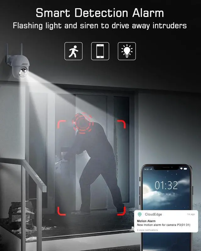 Alt view image 3 of 4 - ANRAN 5MP Security Camera Outdoor,2.4G WiFi, 360°Surveillance,No Blind Spots,Human&Vehicle Detection,Color Night Vision,Two Way Talk,IP66 Waterproof,P3-2packs