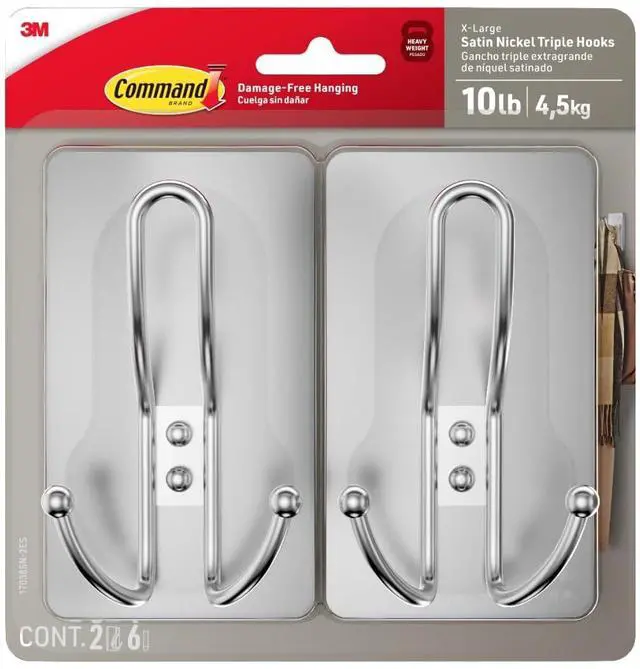 Main image of 3M Command X-Large Satin Nickel Triple Hook, 2-Pack
