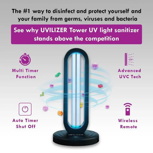 Alt view image 3 of 7 - UVILIZER Tower - UV Light Sanitizer & Ultraviolet Lamp with Remote Control (UV-C Cleaner for Home, Room, Office | 38W UVC Disinfection Bulb | Kill Germs, Bacteria, Virus, Dust | USA)