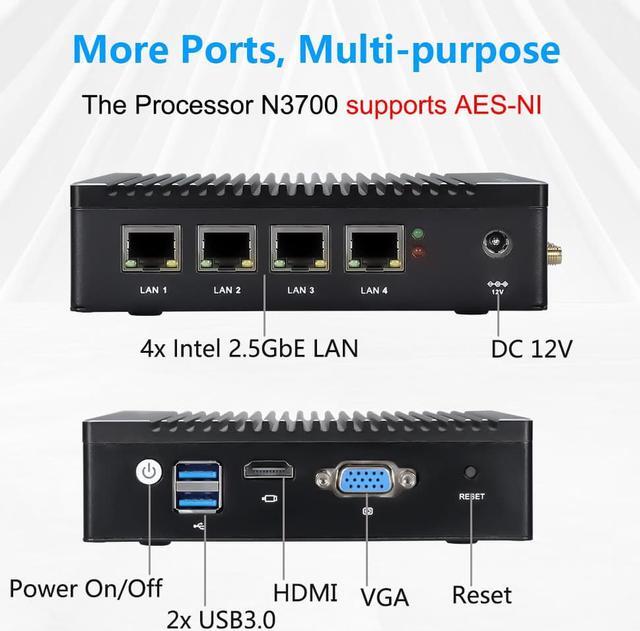 Alt view image 3 of 7 - Vnopn Micro Firewall Appliance 4 Intel 2.5GbE NIC Ports Fanless Mini PC, Network Gateway Soft Router Mini Computer Intel N3700 Quad Core, Support AES-NI, 4GB DDR3, 64GB mSATA SSD