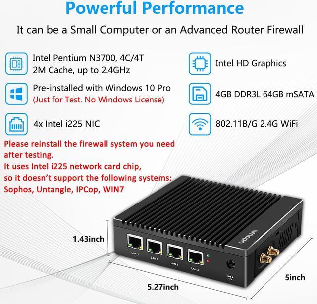 Alt view image 2 of 7 - Vnopn Micro Firewall Appliance 4 Intel 2.5GbE NIC Ports Fanless Mini PC, Network Gateway Soft Router Mini Computer Intel N3700 Quad Core, Support AES-NI, 4GB DDR3, 64GB mSATA SSD