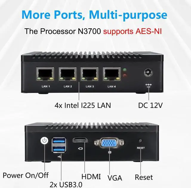 Alt view image 3 of 6 - Vnopn Micro Firewall Appliance 4 Intel i226 NIC Ports Fanless Mini PC, Network Gateway Soft Router Mini Computer Intel N3700 Quad Core, Support AES-NI, Barebone, NO RAM/Storage, NO WiFi, NO System