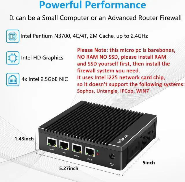 Alt view image 2 of 6 - Vnopn Micro Firewall Appliance 4 Intel i226 NIC Ports Fanless Mini PC, Network Gateway Soft Router Mini Computer Intel N3700 Quad Core, Support AES-NI, Barebone, NO RAM/Storage, NO WiFi, NO System