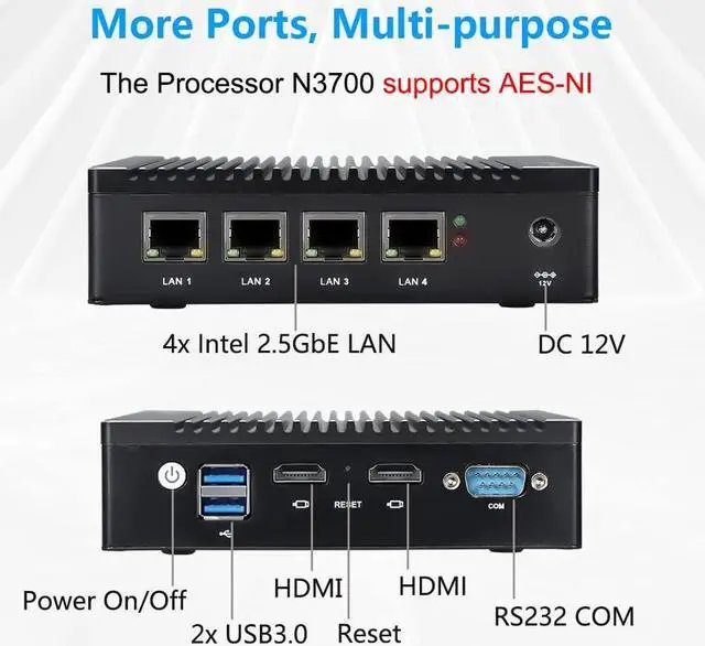 Alt view image 3 of 6 - VNOPN Micro Firewall Appliance 2.5GbE Intel 4 Ports N3700 Quad Core Fanless Mini PC Network Router Box, Dual HDMI, RS232 COM, Support AES-NI, Mini Computer 8GB DDR3 128GB mSATA SSD