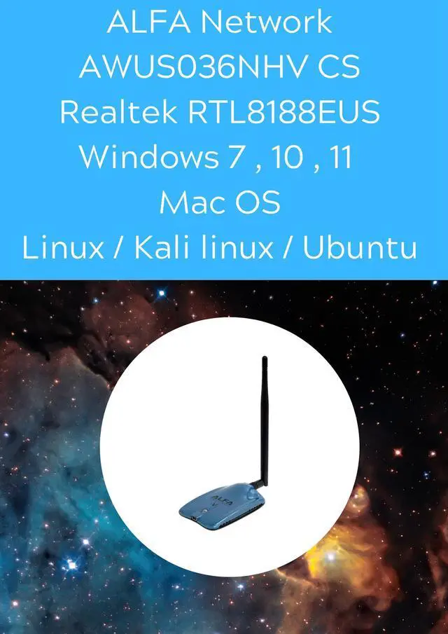 Main image of ALFA AWUS036NHV CS 802.11n 2.4G RTL8188EUS chipset Wireless USB Adapter support Windows 11 Mac OS Kali linux Ubuntu Nethunter