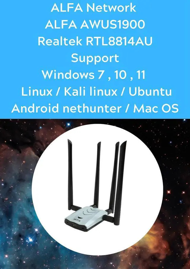 Main image of ALFA AWUS1900 802.11ac Realtek RTL8814AU chipset Wireless USB Adapter support Windows 11 Kali linux Ubuntu Android Nethunter