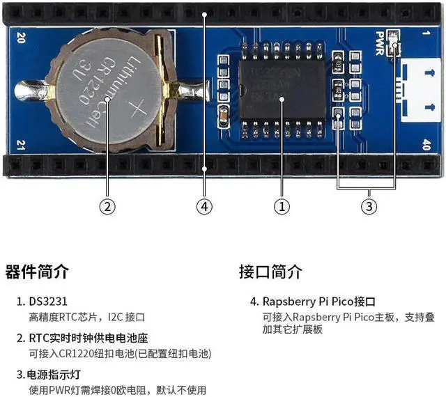 Alt view image 6 of 6 - Raspberry Pi Pico RTC clock expansion board module high-precision DS3231 chip with battery 12C interface