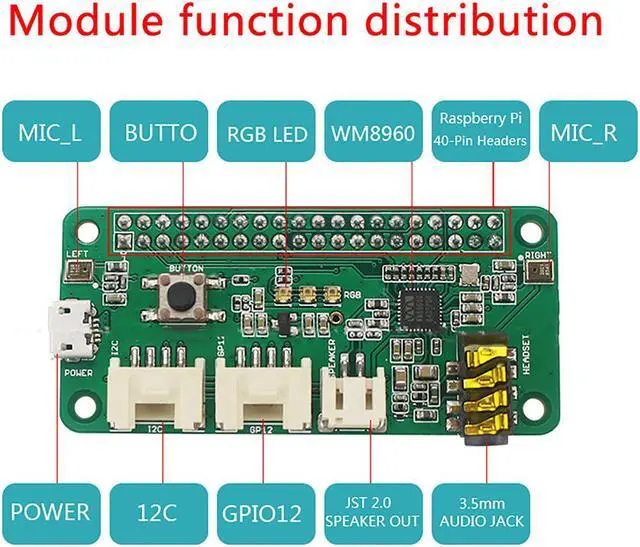 Alt view image 3 of 5 - Respeaker Speech Recognition Intelligente Module Dual Microphone Expansion Board for Raspberry Pi 0/3B/3B+/4B