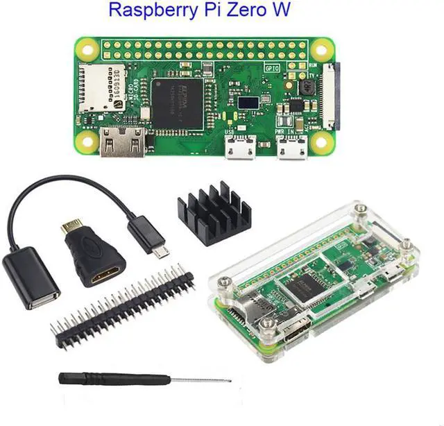 Main image of Raspberry Pi Zero W+Acrylic Case+GPIO Header+HDMI Famale to Mini HDMI Male Adapter+Micro USB to OTG Cable+Aluminum Heatsink+Screwdriver