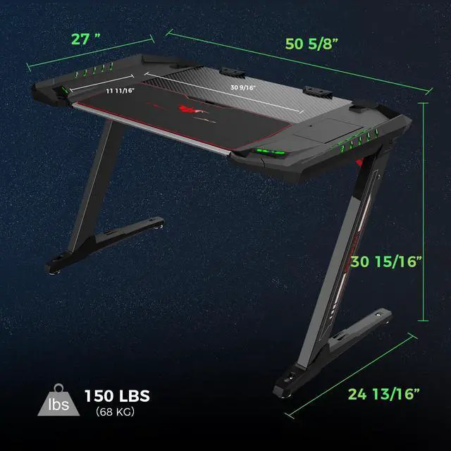 Alt view image 7 of 7 - Eureka Ergonomic® Z2 55” Gaming Desk - Gaming Desk for Console & PC Gamers. RGB Lighting, Headphone Hook, and Cup Holder